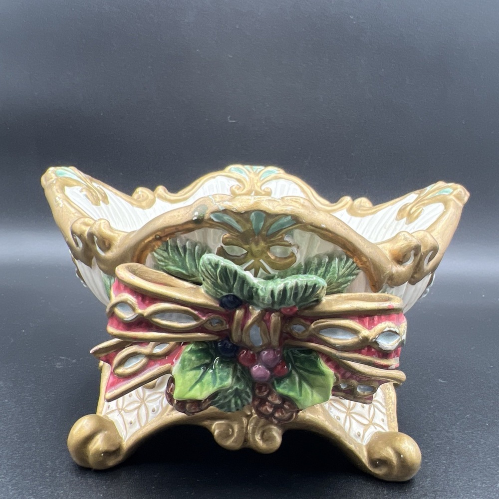 Fitz‎ and Floyd Florentine Christmas Pilar Candleholder Dish Ceramic Bow